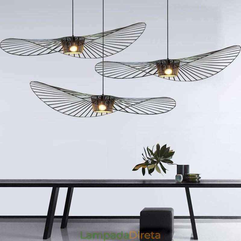 Luminária pendente de ferro, chapéu de palha, 1 luz