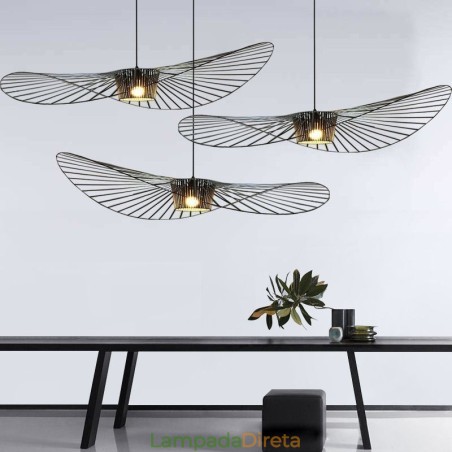 Luminária pendente de ferro, chapéu de palha, 1 luz