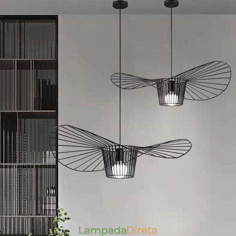 Luminária pendente de ferro, chapéu de palha, 1 luz