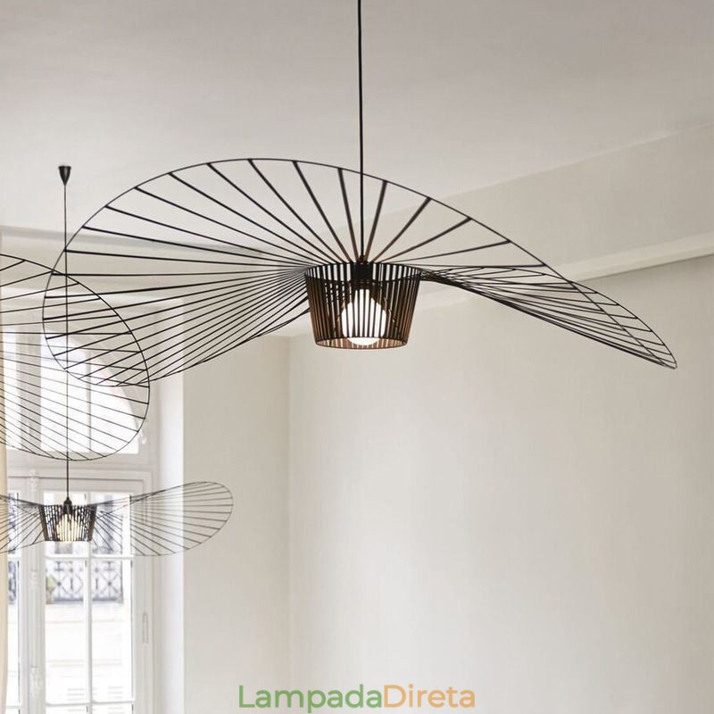 Luminária pendente de ferro, chapéu de palha, 1 luz