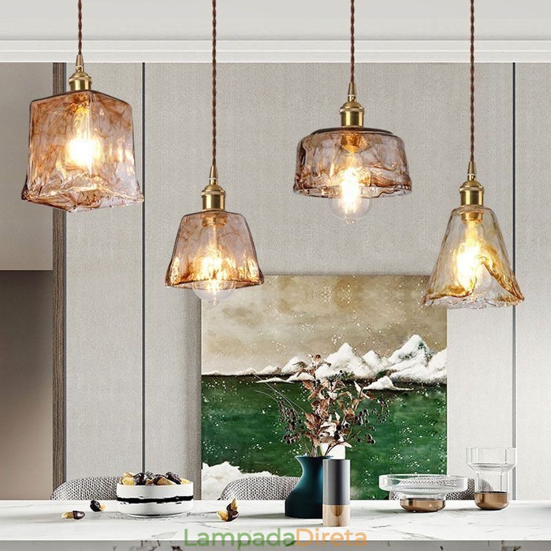 Mini luminária pendente de vidro exclusiva estilo japonês cor âmbar iluminação decorativa