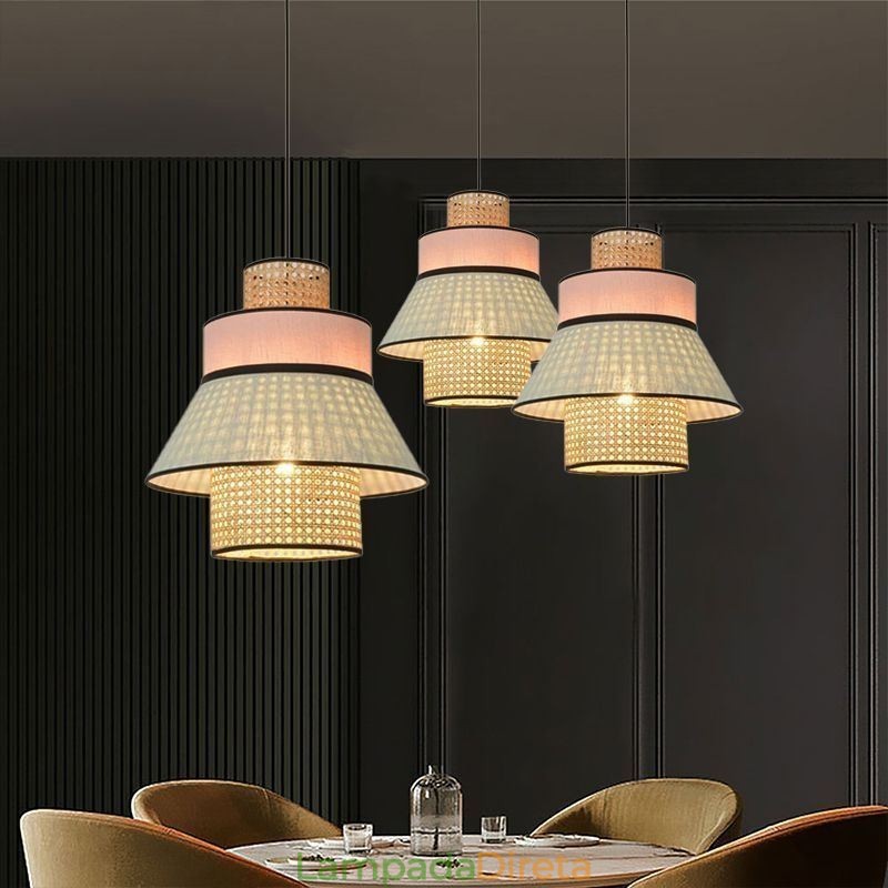 1 Luminária pendente de abajur de vestido leve com trama de bambu