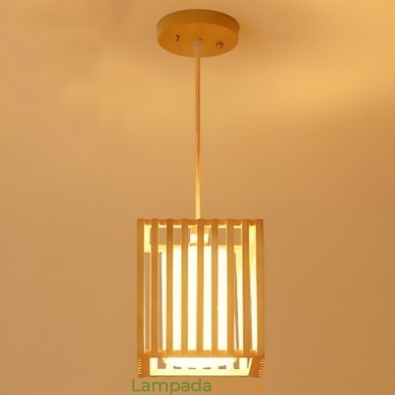 Luminária pendente minimalista em forma de gaiola de madeira