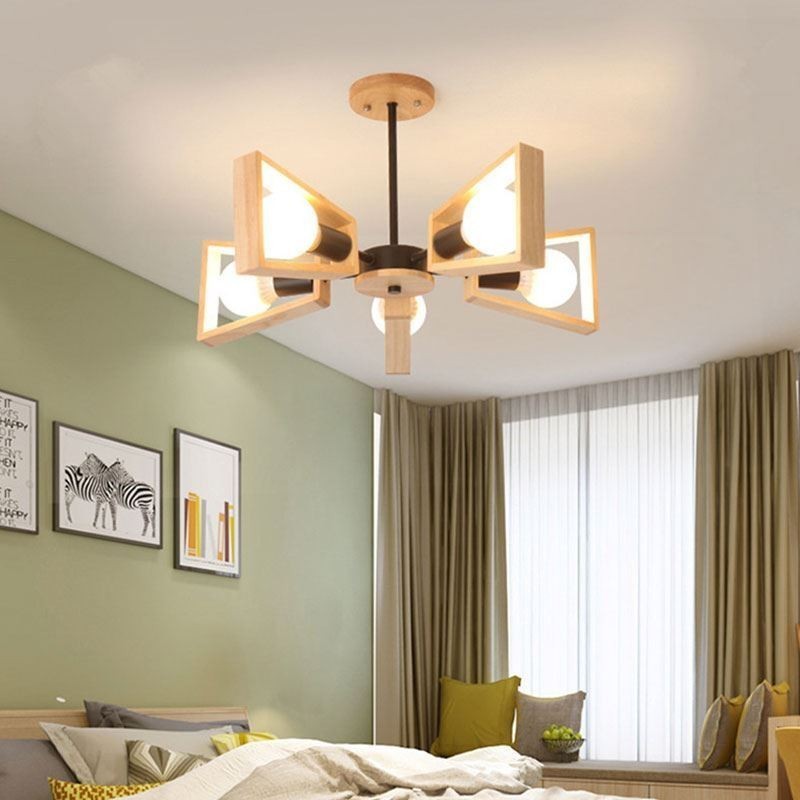 Lustre moderno em forma de leque, luminária pendente de madeira elegante