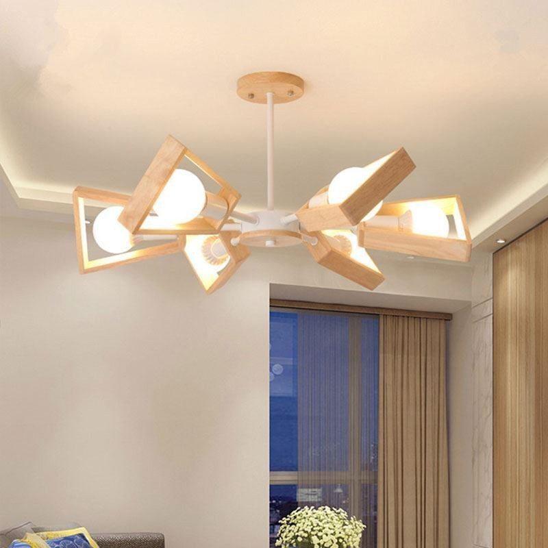 Lustre moderno em forma de leque, luminária pendente de madeira elegante