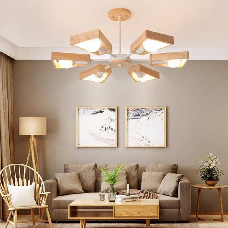 Lustre moderno em forma de leque, luminária pendente de madeira elegante
