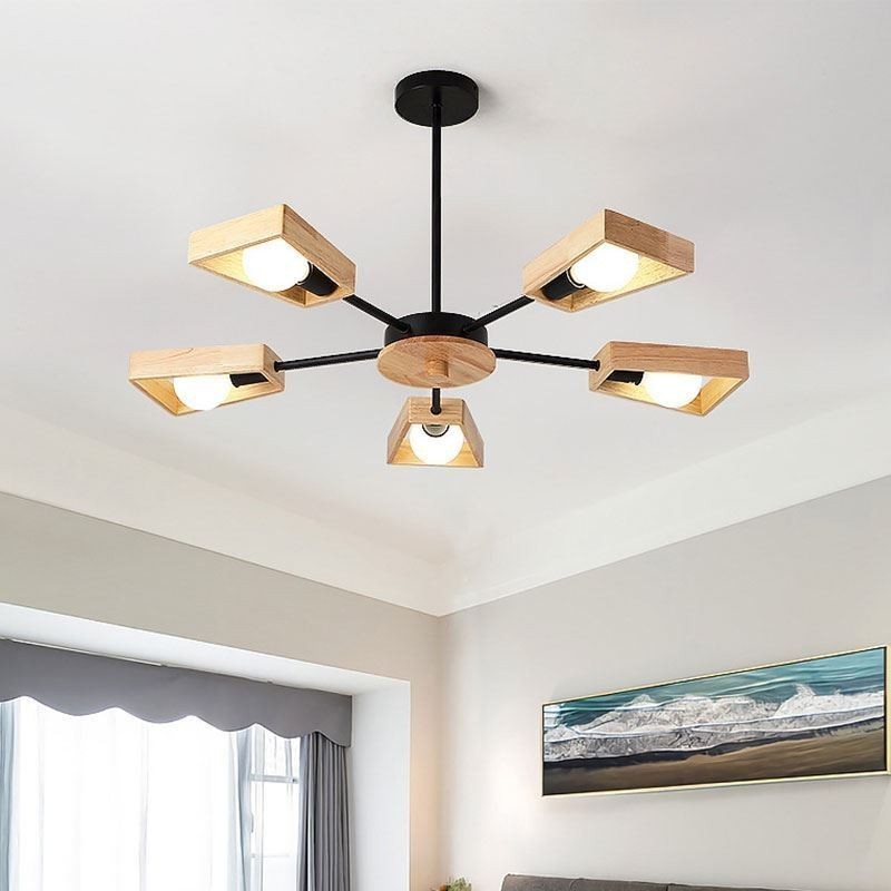 Lustre moderno em forma de leque, luminária pendente de madeira elegante