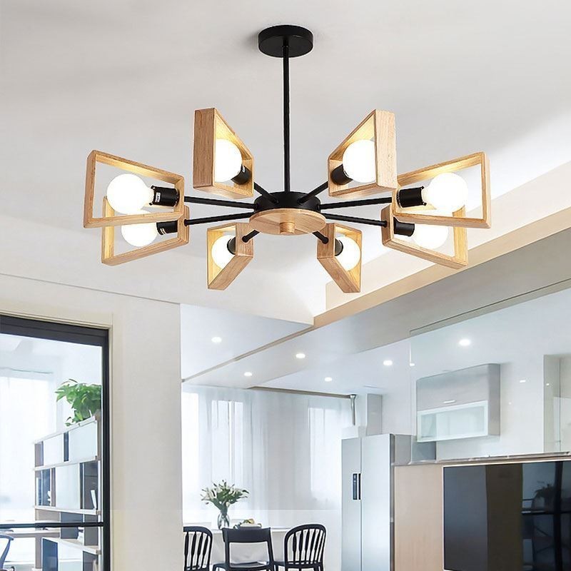 Lustre moderno em forma de leque, luminária pendente de madeira elegante