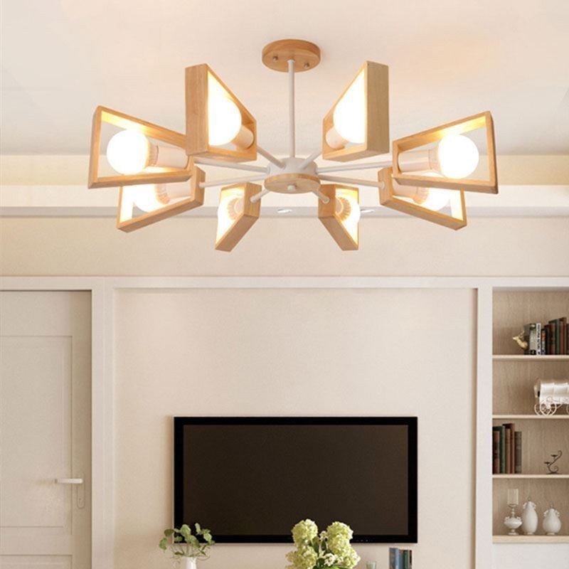 Lustre moderno em forma de leque, luminária pendente de madeira elegante