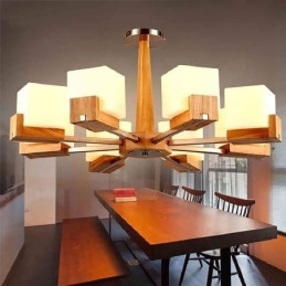 Lustre nórdico de madeira com abajur de vidro e luminária pendente