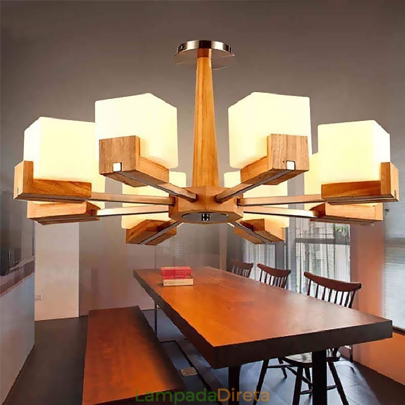 Lustre nórdico de madeira com abajur de vidro e luminária pendente