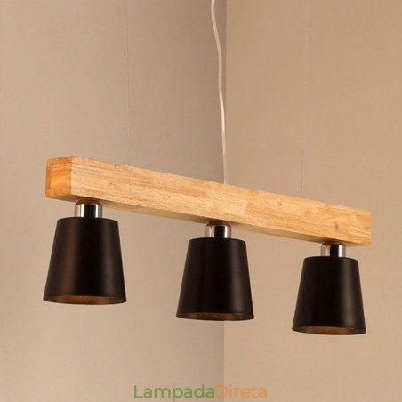 Lustre nórdico de madeira, luminária pendente única e reta, café Lustre nórdico de madeira, luminária pendente única e reta, café