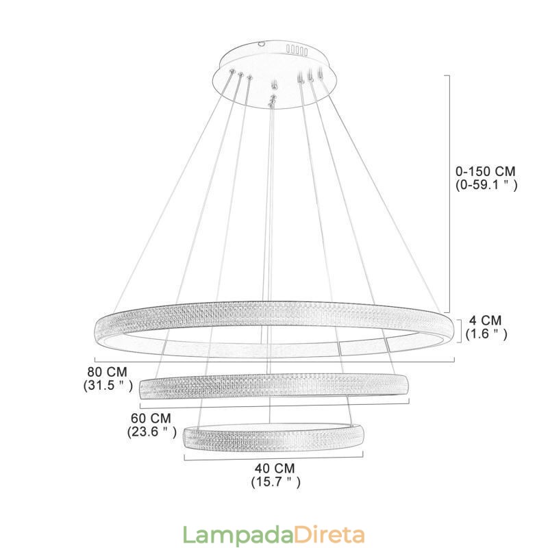 Luminária pendente moderna acrílica 3 anéis lâmpada 80+60+40cm