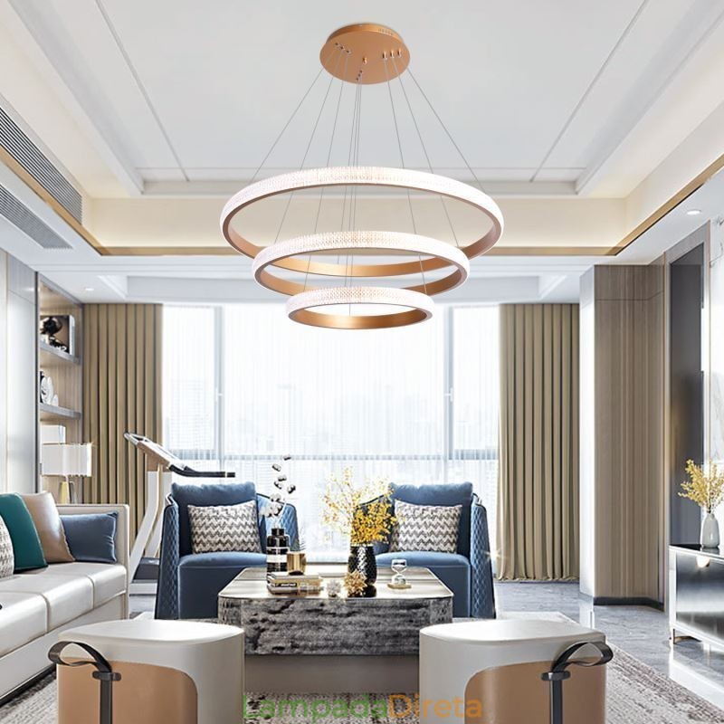 Luminária pendente moderna acrílica 3 anéis lâmpada 80+60+40cm