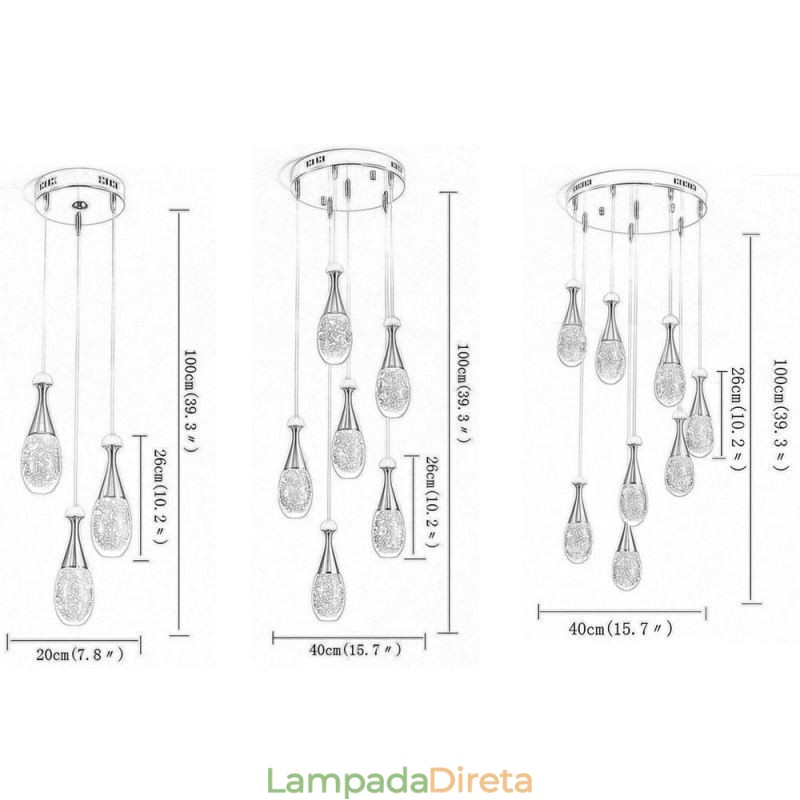 Iluminação pendente de cluster de lágrima de vidro com sementes