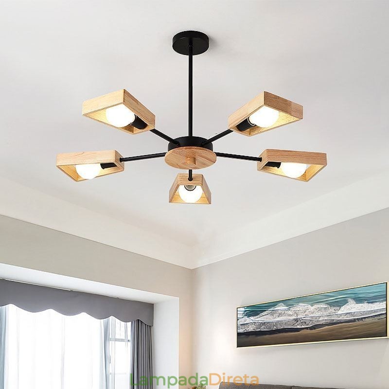 Lustre moderno em forma de leque, luminária pendente de madeira elegante