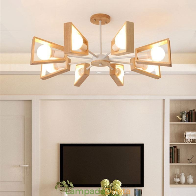 Lustre moderno em forma de leque, luminária pendente de madeira elegante