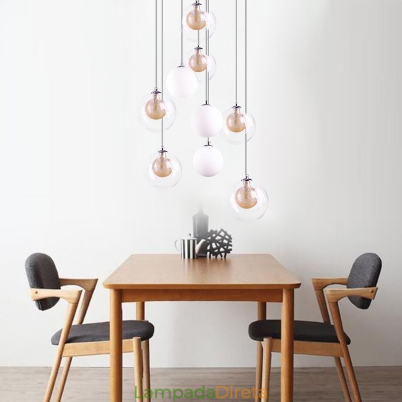 Luminária pendente de vidro Cluster de teto Luz de teto Níquel dourado escovado + Bola de vidro leitoso