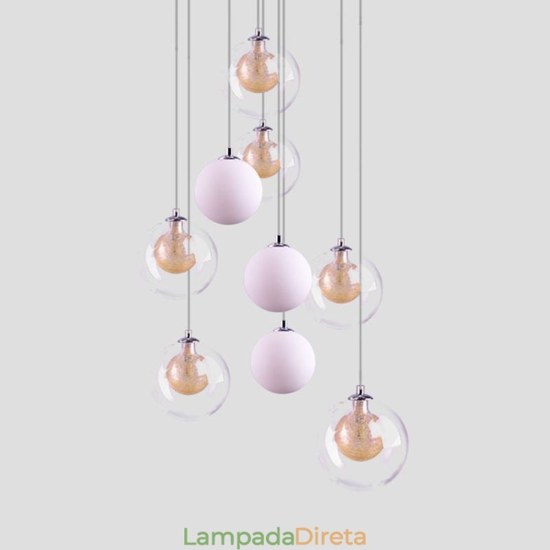 Luminária pendente de vidro Cluster de teto Luz de teto Níquel dourado escovado + Bola de vidro leitoso