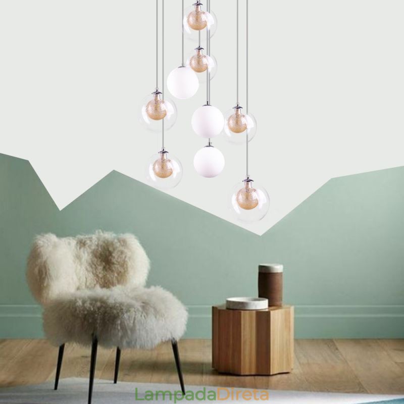 Luminária pendente de vidro Cluster de teto Luz de teto Níquel dourado escovado + Bola de vidro leitoso