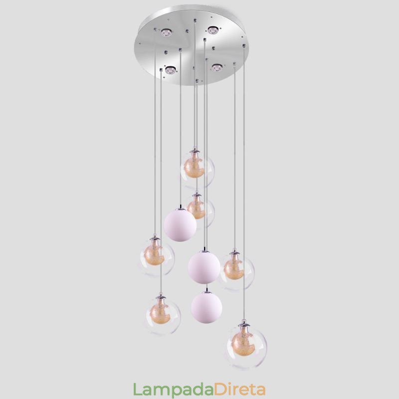 Luminária pendente de vidro Cluster de teto Luz de teto Níquel dourado escovado + Bola de vidro leitoso