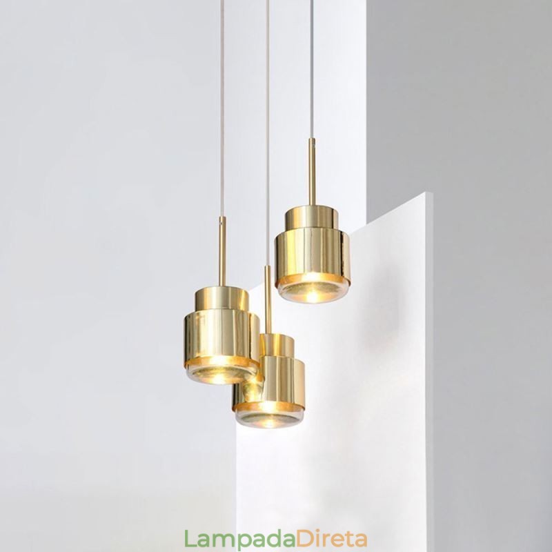 Luminária pendente de vidro pós-moderna, lâmpada cilíndrica dourada, iluminação brilhante