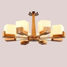 Lustre nórdico de madeira com abajur de vidro e luminária pendente