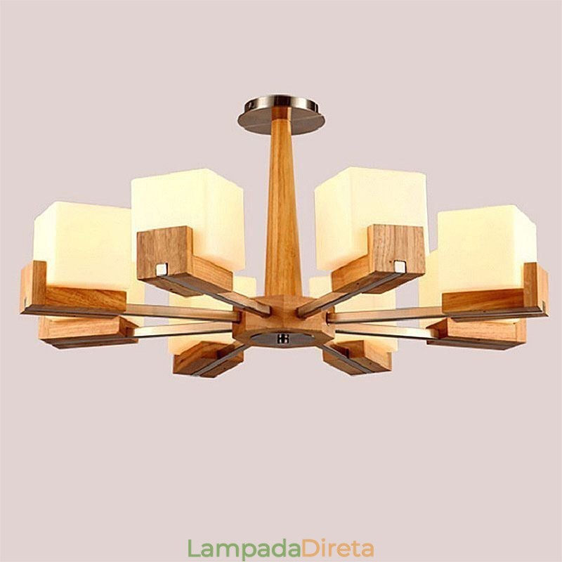 Lustre nórdico de madeira com abajur de vidro e luminária pendente