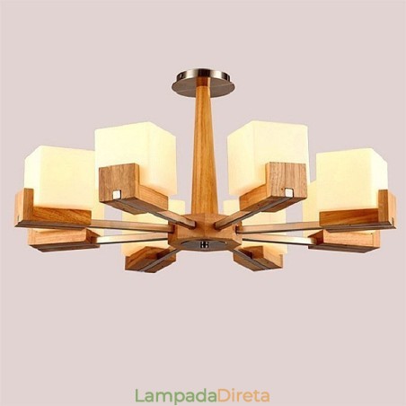 Lustre nórdico de madeira com abajur de vidro e luminária pendente