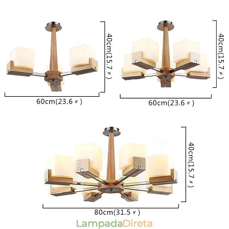Lustre nórdico de madeira com abajur de vidro e luminária pendente