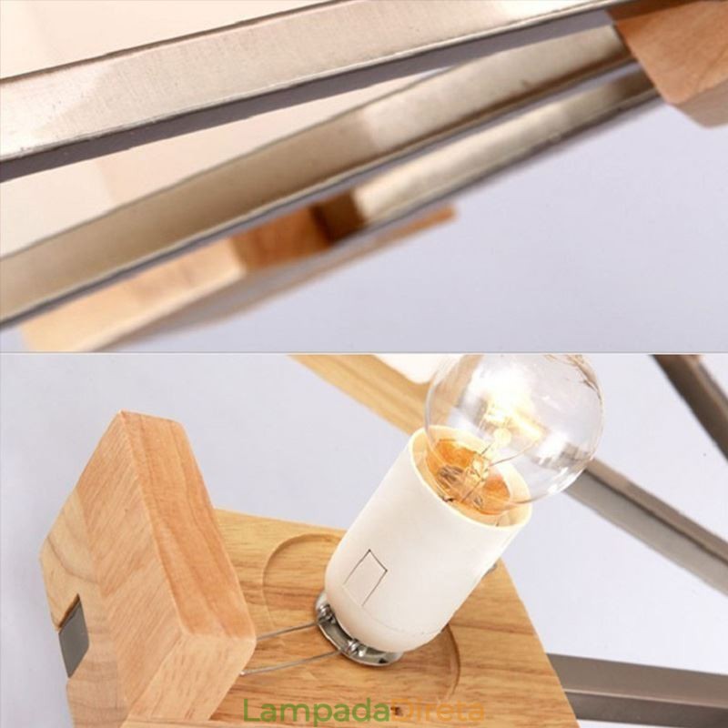 Lustre nórdico de madeira com abajur de vidro e luminária pendente