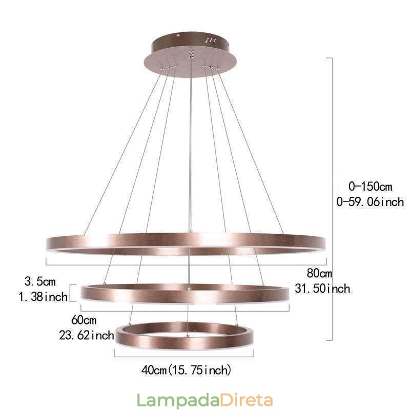 Luminária pendente desenho artesanato 3 anéis lâmpada 80+60+40cm