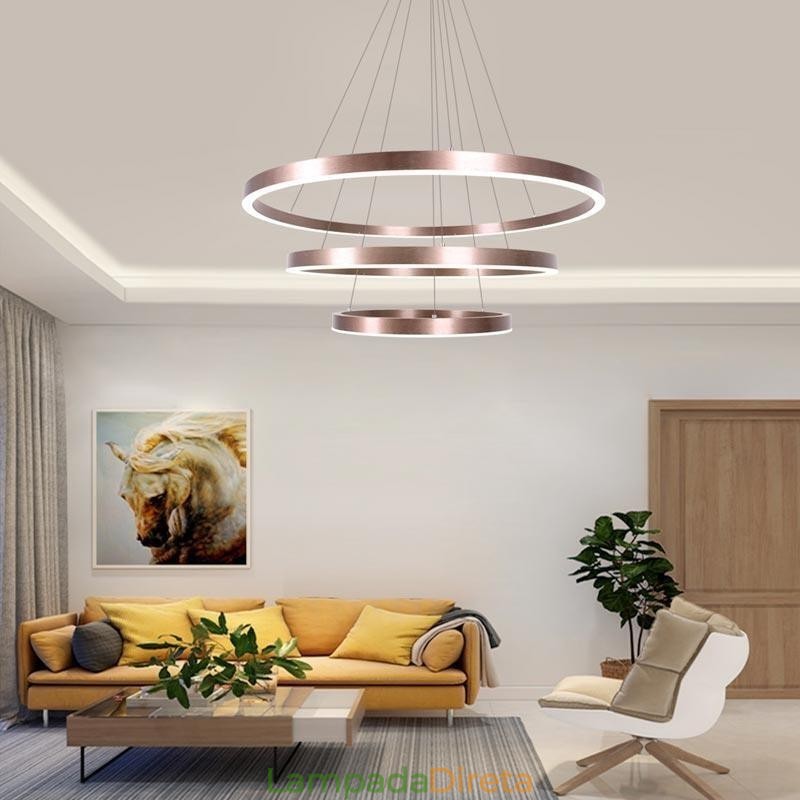 Luminária pendente desenho artesanato 3 anéis lâmpada 80+60+40cm