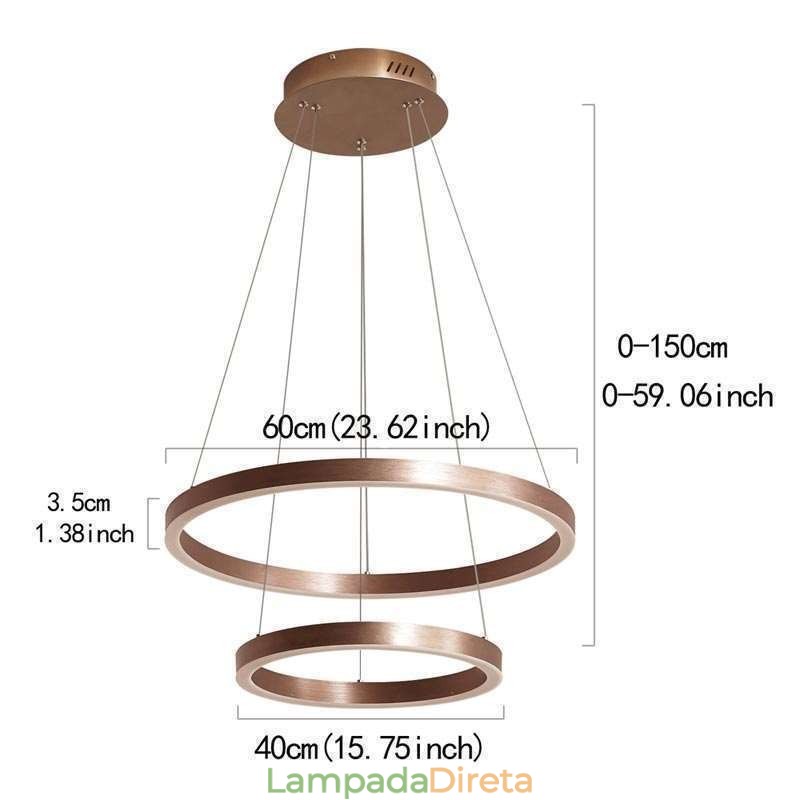 Luminária pendente desenho artesanato 2 anéis lâmpada 60+40cm