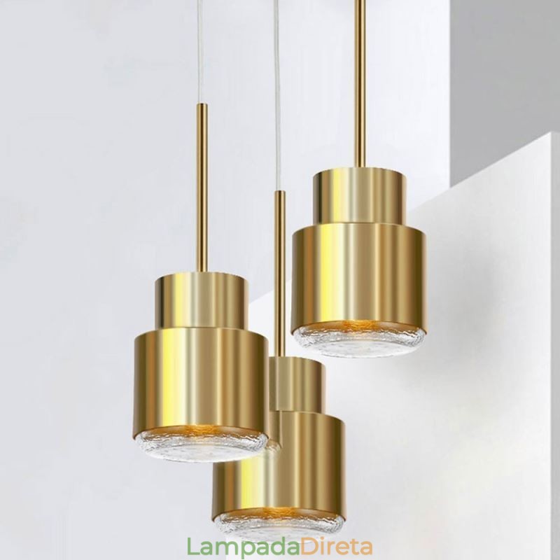Luminária pendente de vidro pós-moderna, lâmpada cilíndrica dourada, iluminação brilhante