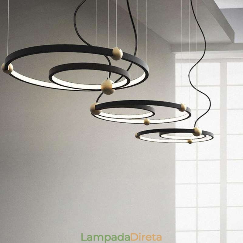 Luminária pendente circular preta 2 anéis