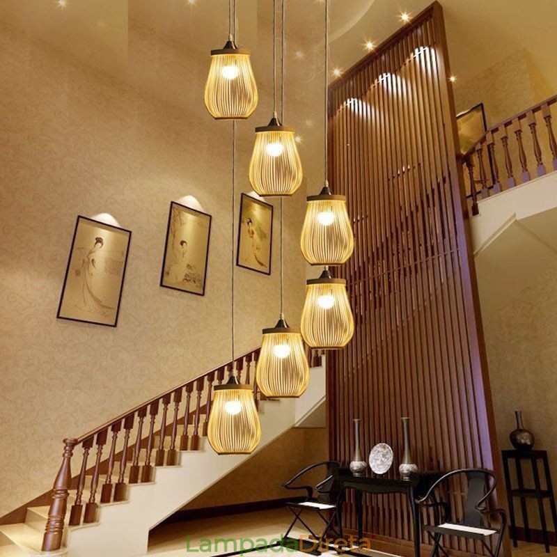 Luminária pendente de gaiola oca moderna iluminação pendente de bambu