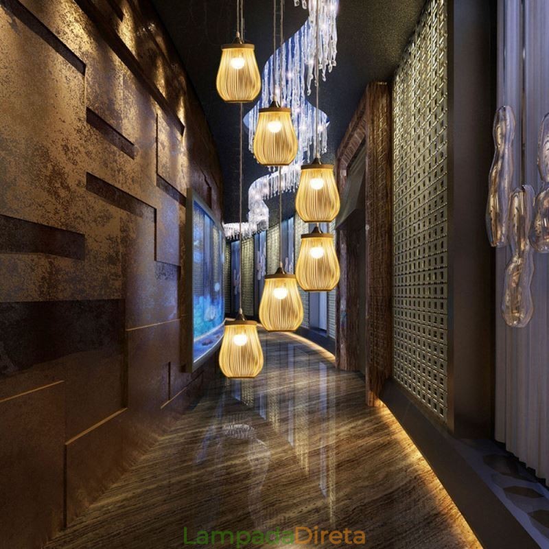 Luminária pendente de gaiola oca moderna iluminação pendente de bambu