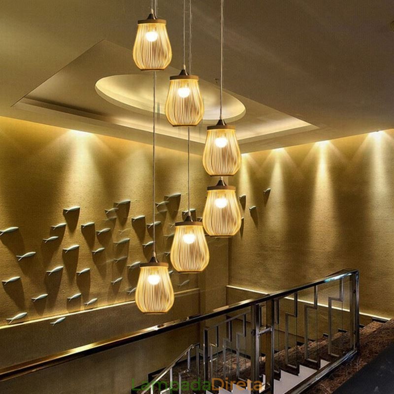 Luminária pendente de gaiola oca moderna iluminação pendente de bambu