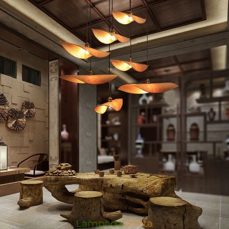 Luminária pendente criativa de folha Luminária pendente contemporânea de bambu Iluminação para sala de chá