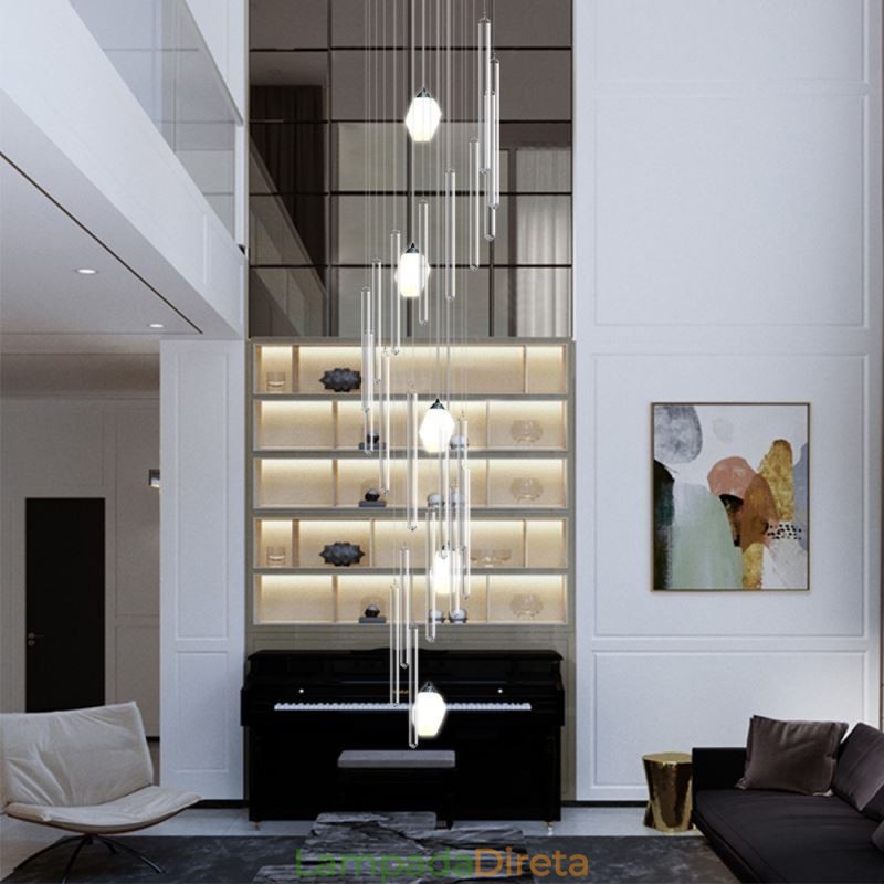 Cluster Pendant Light Moderno Grande Pingente Lustre de Cristal Duplex Escadaria