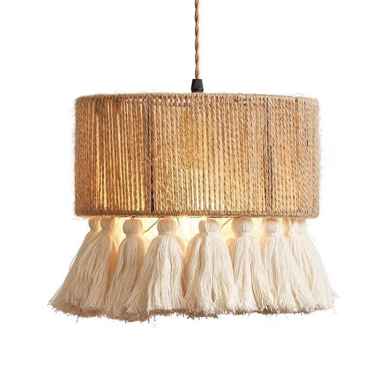Luminária pendente de corda de cânhamo, decoração retrô, abajur de teto com borla