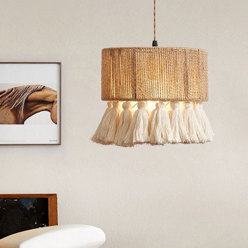 Luminária pendente de corda de cânhamo, decoração retrô, abajur de teto com borla