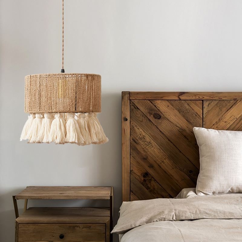 Luminária pendente de corda de cânhamo, decoração retrô, abajur de teto com borla