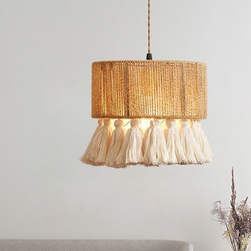 Luminária pendente de corda de cânhamo, decoração retrô, abajur de teto com borla