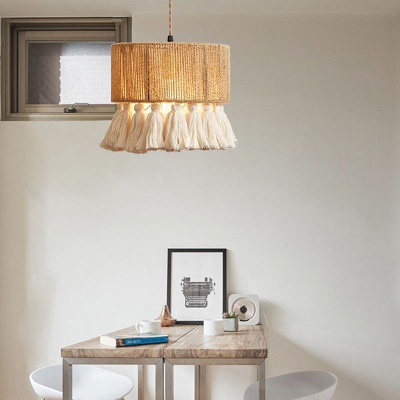 Luminária pendente de corda de cânhamo, decoração retrô, abajur de teto com borla