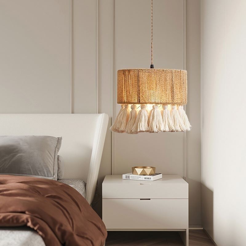 Luminária pendente de corda de cânhamo, decoração retrô, abajur de teto com borla