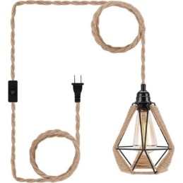 Luminária pendente retrô de corda de cânhamo, luz de teto, fio de suspensão de 5 m