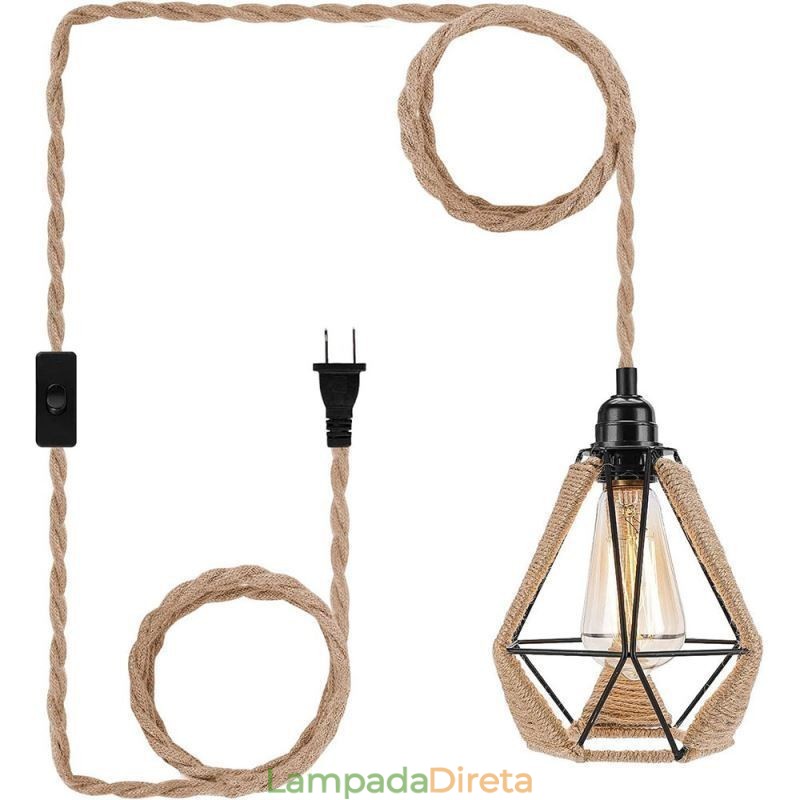Luminária pendente retrô de corda de cânhamo, luz de teto, fio de suspensão de 5 m
