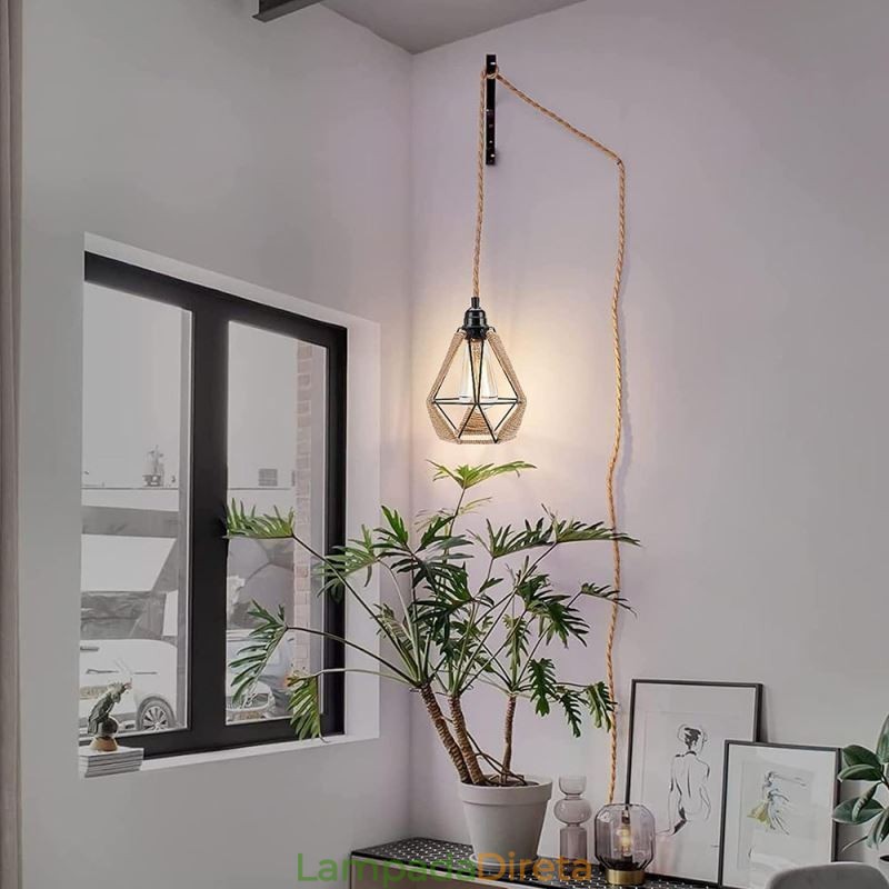 Luminária pendente retrô de corda de cânhamo, luz de teto, fio de suspensão de 5 m